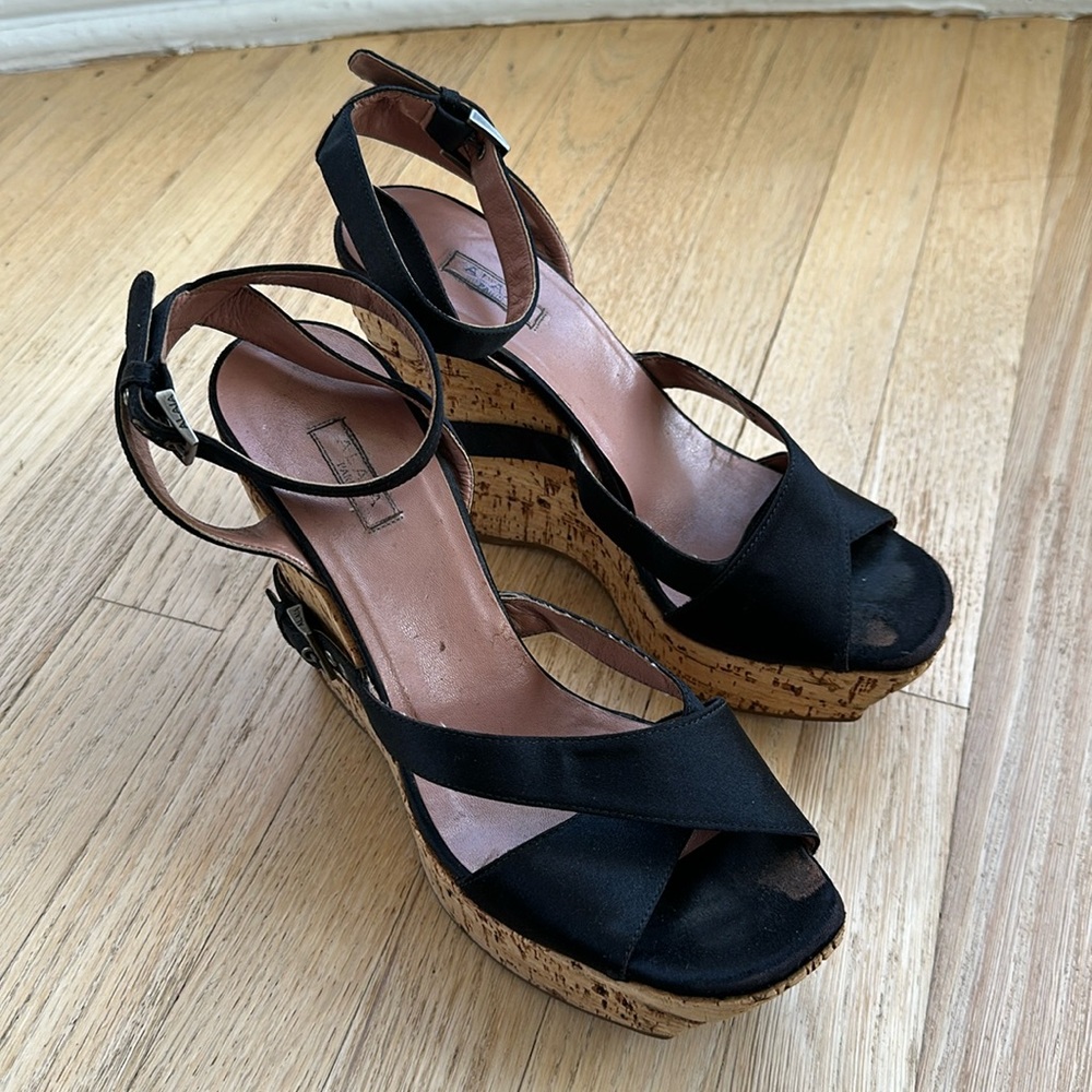Alaïa Black Satin Cork Wedge Sandals
